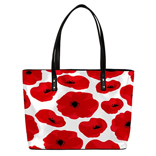 Poppy Women's Soft Faux Leather Tote Shoulder Bag Red poppies Big Capacity Handbag for Work School Travel Dating