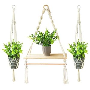 lynnda macrame wall hanging shelves, macrame plant hangers of 2, boho home wall decor floating shelves with detachable stick