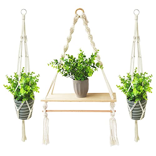 Lynnda Macrame Wall Hanging Shelves, Macrame Plant Hangers of 2, Boho Home Wall Decor Floating Shelves with Detachable Stick