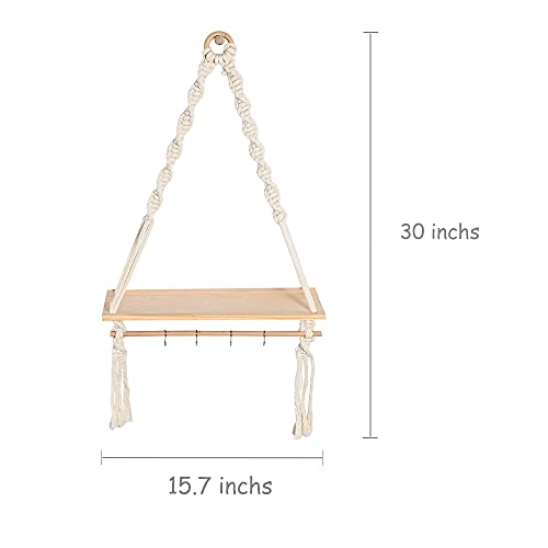 Lynnda Macrame Wall Hanging Shelves, Macrame Plant Hangers of 2, Boho Home Wall Decor Floating Shelves with Detachable Stick