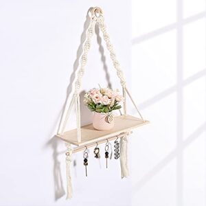 Lynnda Macrame Wall Hanging Shelves, Macrame Plant Hangers of 2, Boho Home Wall Decor Floating Shelves with Detachable Stick