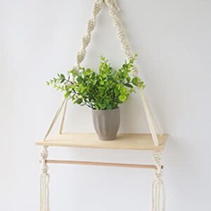 Lynnda Macrame Wall Hanging Shelves, Macrame Plant Hangers of 2, Boho Home Wall Decor Floating Shelves with Detachable Stick