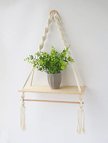 Lynnda Macrame Wall Hanging Shelves, Macrame Plant Hangers of 2, Boho Home Wall Decor Floating Shelves with Detachable Stick