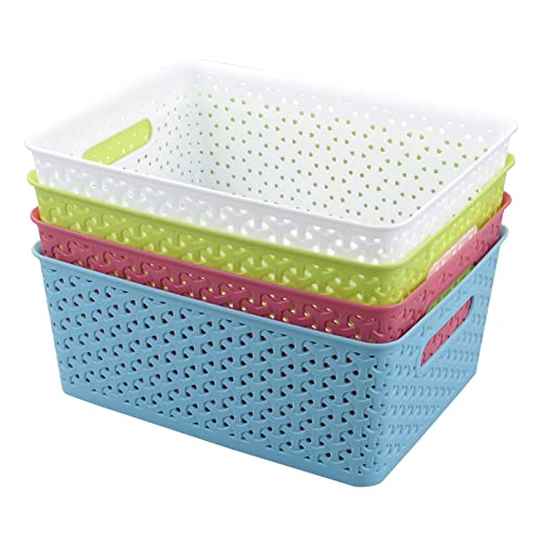 Rinboat Medium Colored Plastic Storage Baskets, 4 Packs