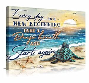 familypers sea turtle wall art every day is a new beginning motivational turtle canvas poster teal underwater animal giclee prints artwork vintage wall decor for bathroom living room 12×18 inch