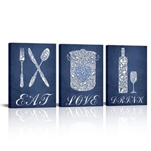 sechars 3 piece kitchen wall art eat love inspirational quote sign restaurant cafe bar decorations navy blue poster print on canvas framed for farmhouse country home dining room decor ready to hang