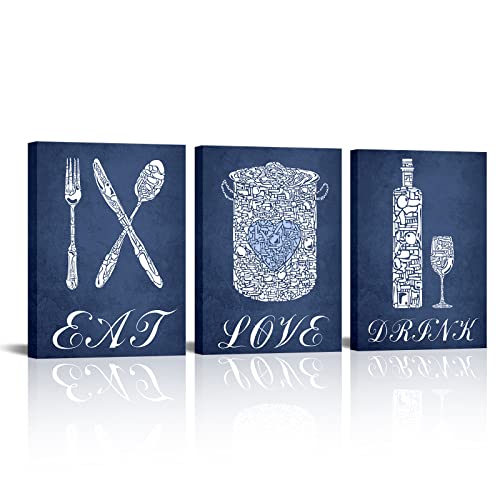 sechars 3 Piece Kitchen Wall Art Eat Love Inspirational Quote Sign Restaurant Cafe Bar Decorations Navy Blue Poster Print on Canvas Framed for Farmhouse Country Home Dining Room Decor Ready to Hang