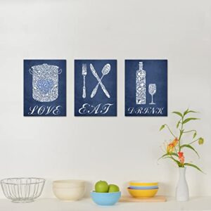 sechars 3 Piece Kitchen Wall Art Eat Love Inspirational Quote Sign Restaurant Cafe Bar Decorations Navy Blue Poster Print on Canvas Framed for Farmhouse Country Home Dining Room Decor Ready to Hang