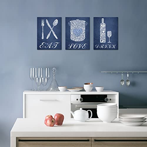 sechars 3 Piece Kitchen Wall Art Eat Love Inspirational Quote Sign Restaurant Cafe Bar Decorations Navy Blue Poster Print on Canvas Framed for Farmhouse Country Home Dining Room Decor Ready to Hang