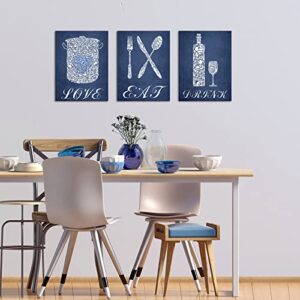 sechars 3 Piece Kitchen Wall Art Eat Love Inspirational Quote Sign Restaurant Cafe Bar Decorations Navy Blue Poster Print on Canvas Framed for Farmhouse Country Home Dining Room Decor Ready to Hang