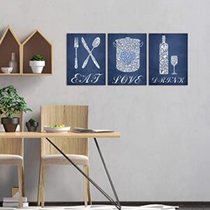 sechars 3 Piece Kitchen Wall Art Eat Love Inspirational Quote Sign Restaurant Cafe Bar Decorations Navy Blue Poster Print on Canvas Framed for Farmhouse Country Home Dining Room Decor Ready to Hang