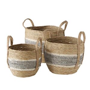 coastal grey stripes 3 piece basket set, floor and shelf organizers, corn husk wicker, durable chunky rope weave, handles, stitched, reinforced, rustic home decor, round, 13, 11, 9 diameter inches
