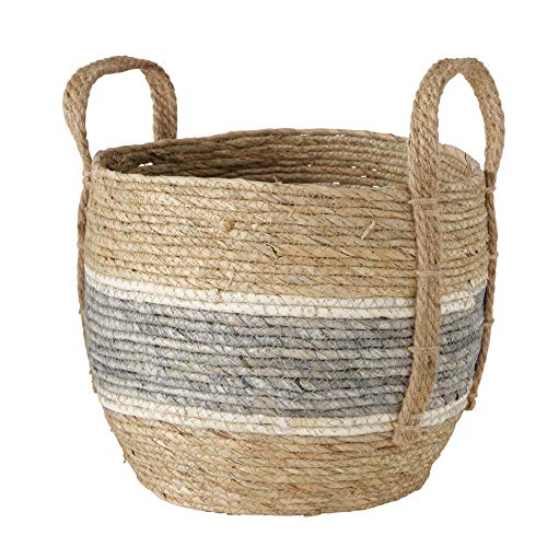 Coastal Grey Stripes 3 Piece Basket Set, Floor and Shelf Organizers, Corn Husk Wicker, Durable Chunky Rope Weave, Handles, Stitched, Reinforced, Rustic Home Decor, Round, 13, 11, 9 Diameter Inches