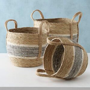 Coastal Grey Stripes 3 Piece Basket Set, Floor and Shelf Organizers, Corn Husk Wicker, Durable Chunky Rope Weave, Handles, Stitched, Reinforced, Rustic Home Decor, Round, 13, 11, 9 Diameter Inches