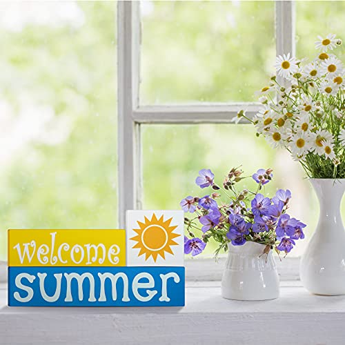 3 Pieces Wooden Welcome Summer Blocks, Farmhouse Wood Welcome Summer Tiered Tray Decor, Rustic Sun Wooden Sign Table Decor for Summer Desk Shelf Window Tiered Tray