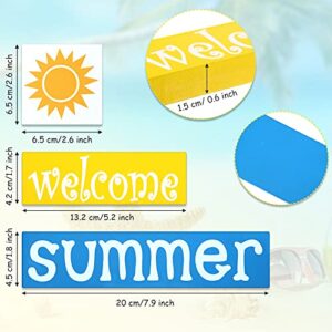 3 Pieces Wooden Welcome Summer Blocks, Farmhouse Wood Welcome Summer Tiered Tray Decor, Rustic Sun Wooden Sign Table Decor for Summer Desk Shelf Window Tiered Tray