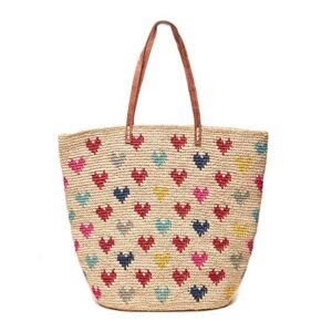 mar y sol amelie hearts crocheted raffia straw carryall tote bag (multi)