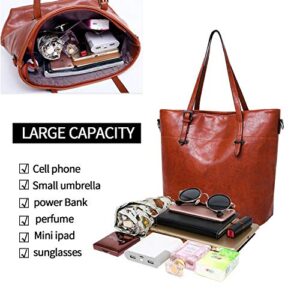 Women Vintage Handbag and Purse Leather Tote Shoulder Bag Large Satchel Top Handle Work Bag Set 4pcs