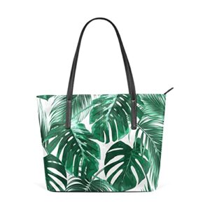 leather tote bag for women with zipper handbags shoulder bag tropical palm monstera leaf pockets work travel small office business