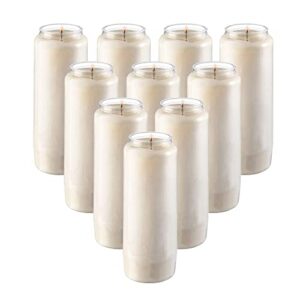 tribello 9 day candles, 10 pack – 7” white pillar candles for memorial, prayer candles, party decor, and emergency candles – unscented slow burning 100% vegetable wax in plastic jar container