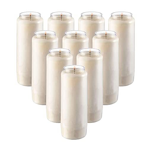 Tribello 9 Day Candles, 10 Pack - 7” White Pillar Candles for Memorial, Prayer Candles, Party Decor, and Emergency Candles - Unscented Slow Burning 100% Vegetable Wax in Plastic Jar Container