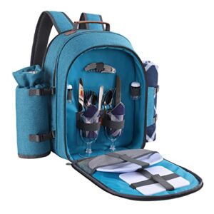 apollo walker picnic backpack set for 2 person with cooler compartment, detachable bottle/wine holder, fleece blanket, plates and cutlery set (teal)
