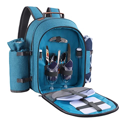 Apollo Walker Picnic Backpack Set for 2 Person with Cooler Compartment, Detachable Bottle/Wine Holder, Fleece Blanket, Plates and Cutlery Set (Teal)