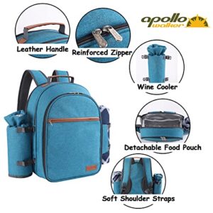 Apollo Walker Picnic Backpack Set for 2 Person with Cooler Compartment, Detachable Bottle/Wine Holder, Fleece Blanket, Plates and Cutlery Set (Teal)