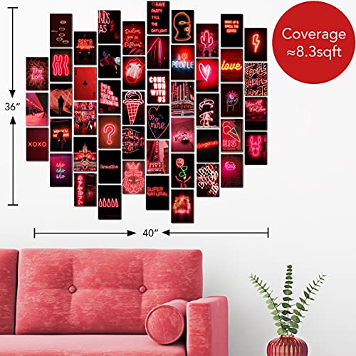 KOLL DECOR Red Aesthetic Room Decor Wall Collage Aesthetic - 50 Set 4''x6'' Prints Neon Dark Red photo Wall Collage Kit Decoration Pictures for Teen Girls Academia Bedroom Posters