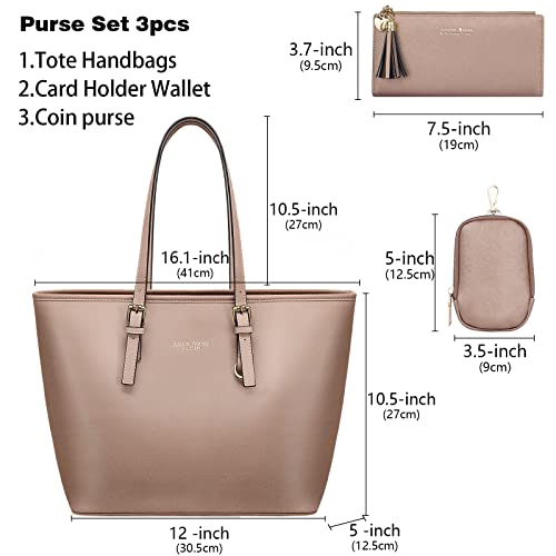 Jocose Moose Women's Tote Handbag, Fashion Leather Shoulder Bag ，Top Handle Satchel Purse Set 3pcs (Champagne Powder)