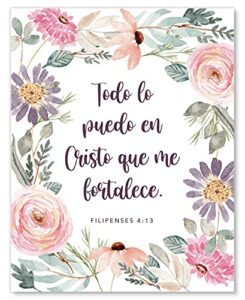 filipenses 4:13 wall art en espanol – todo lo puedo en cristo que me fortalece – floral christian decor in spanish – 8×10 – unframed