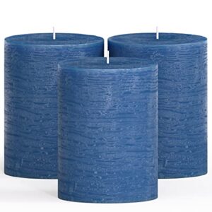 candwax 3×4 pillar candles set of 3 – decorative rustic candles unscented and no drip candles – ideal as wedding candles or large candles for home interior – dark blue candles