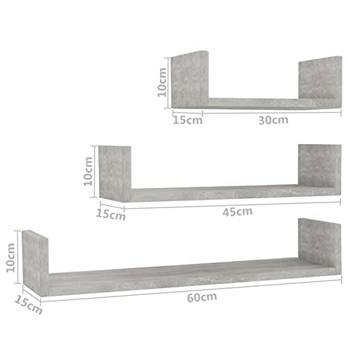 Tidyard 3 Piece Floating Shelves Chipboard Wall Mount Collectables Photo Display Stand Storage Shelf Concrete Gray for Living Room, Bedroom, Home, Office Decor