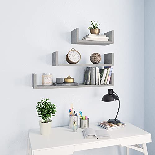 Tidyard 3 Piece Floating Shelves Chipboard Wall Mount Collectables Photo Display Stand Storage Shelf Concrete Gray for Living Room, Bedroom, Home, Office Decor