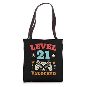 level 21 unlocked video gamer boy men son 21st birthday tote bag