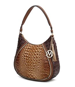 mkf hobo bag for womens fashion – pu leather shoulder purse tassel, m charm – top handle multi-pocket handbag brown