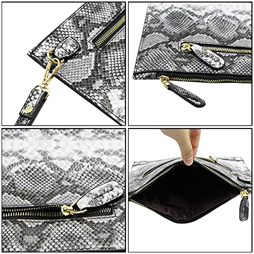 Women Snakeskin Print Large Envelop Clutch Handbag Purse PU Leather Wallet with Handle Strap