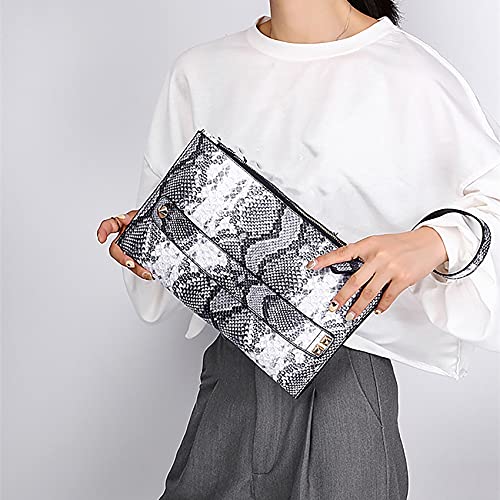 Women Snakeskin Print Large Envelop Clutch Handbag Purse PU Leather Wallet with Handle Strap