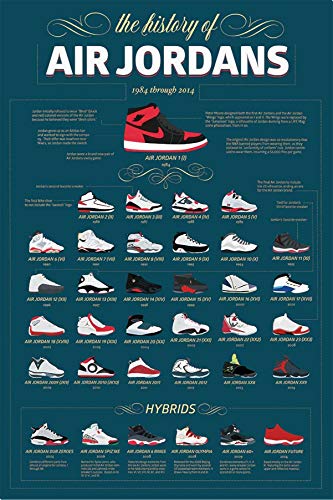 Buyartforless The History of Air Jordans 1984 through 2014 Info-Graphic 36x24 Basketball Sports Art Print Poster, green, white, red, black for Study Room