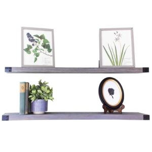 willow & grace designs modern rustic wooden wall mounted shelves with decorative iron corners for home rooms, rustic gray, 36 inch, (set of 2)