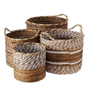 rustic stripes wicker baskets. 4 piece set, washed and rolled banana leaf, white twine, loop carry handles, bucket bottoms, 18, 15.75, 14.25, 12.5 inches diamet