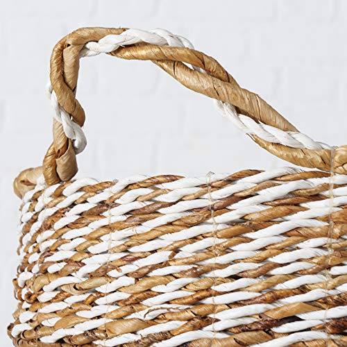 Rustic Stripes Wicker Baskets. 4 Piece Set, Washed and Rolled Banana Leaf, White Twine, Loop Carry Handles, Bucket Bottoms, 18, 15.75, 14.25, 12.5 Inches Diamet