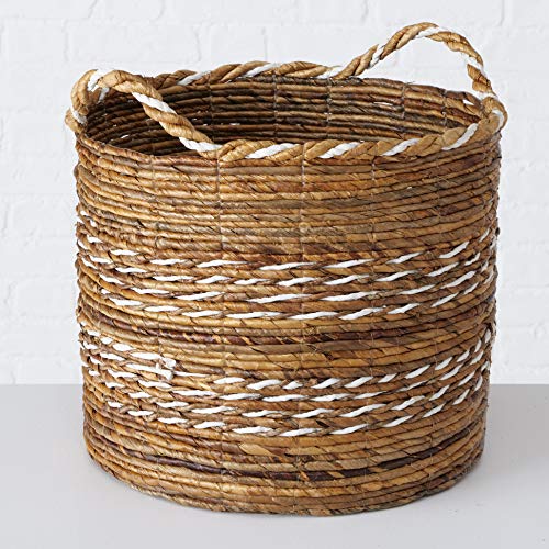 Rustic Stripes Wicker Baskets. 4 Piece Set, Washed and Rolled Banana Leaf, White Twine, Loop Carry Handles, Bucket Bottoms, 18, 15.75, 14.25, 12.5 Inches Diamet