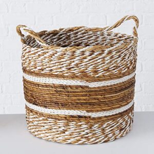 Rustic Stripes Wicker Baskets. 4 Piece Set, Washed and Rolled Banana Leaf, White Twine, Loop Carry Handles, Bucket Bottoms, 18, 15.75, 14.25, 12.5 Inches Diamet