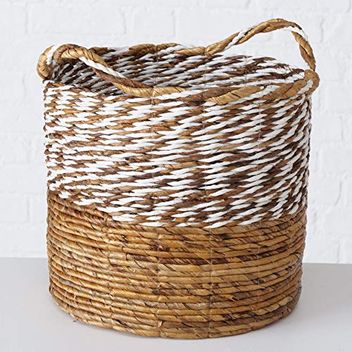 Rustic Stripes Wicker Baskets. 4 Piece Set, Washed and Rolled Banana Leaf, White Twine, Loop Carry Handles, Bucket Bottoms, 18, 15.75, 14.25, 12.5 Inches Diamet