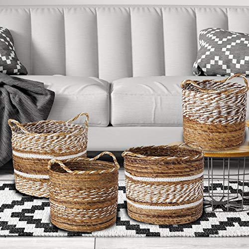 Rustic Stripes Wicker Baskets. 4 Piece Set, Washed and Rolled Banana Leaf, White Twine, Loop Carry Handles, Bucket Bottoms, 18, 15.75, 14.25, 12.5 Inches Diamet