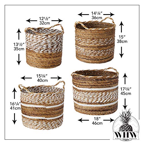 Rustic Stripes Wicker Baskets. 4 Piece Set, Washed and Rolled Banana Leaf, White Twine, Loop Carry Handles, Bucket Bottoms, 18, 15.75, 14.25, 12.5 Inches Diamet