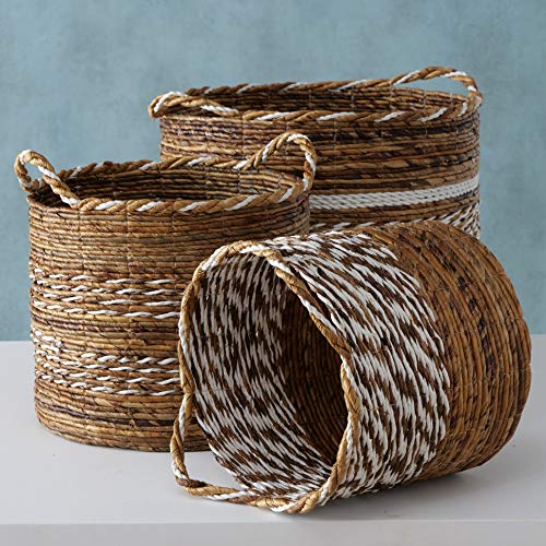 Rustic Stripes Wicker Baskets. 4 Piece Set, Washed and Rolled Banana Leaf, White Twine, Loop Carry Handles, Bucket Bottoms, 18, 15.75, 14.25, 12.5 Inches Diamet