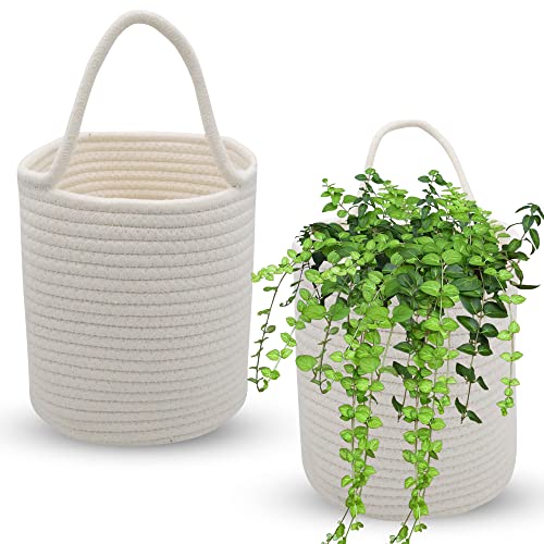 Storage Basket – Woven Basket 2 Pack – Cotton Blanket Baskets for Flowers, Plants, Keys, Sunglasses – Hanging Decorative Baskets with Choice of Rope or Leather Handles – Weaved Basket by Ecokai