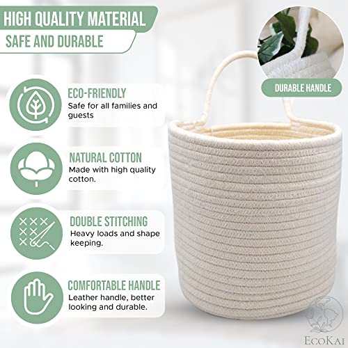 Storage Basket – Woven Basket 2 Pack – Cotton Blanket Baskets for Flowers, Plants, Keys, Sunglasses – Hanging Decorative Baskets with Choice of Rope or Leather Handles – Weaved Basket by Ecokai